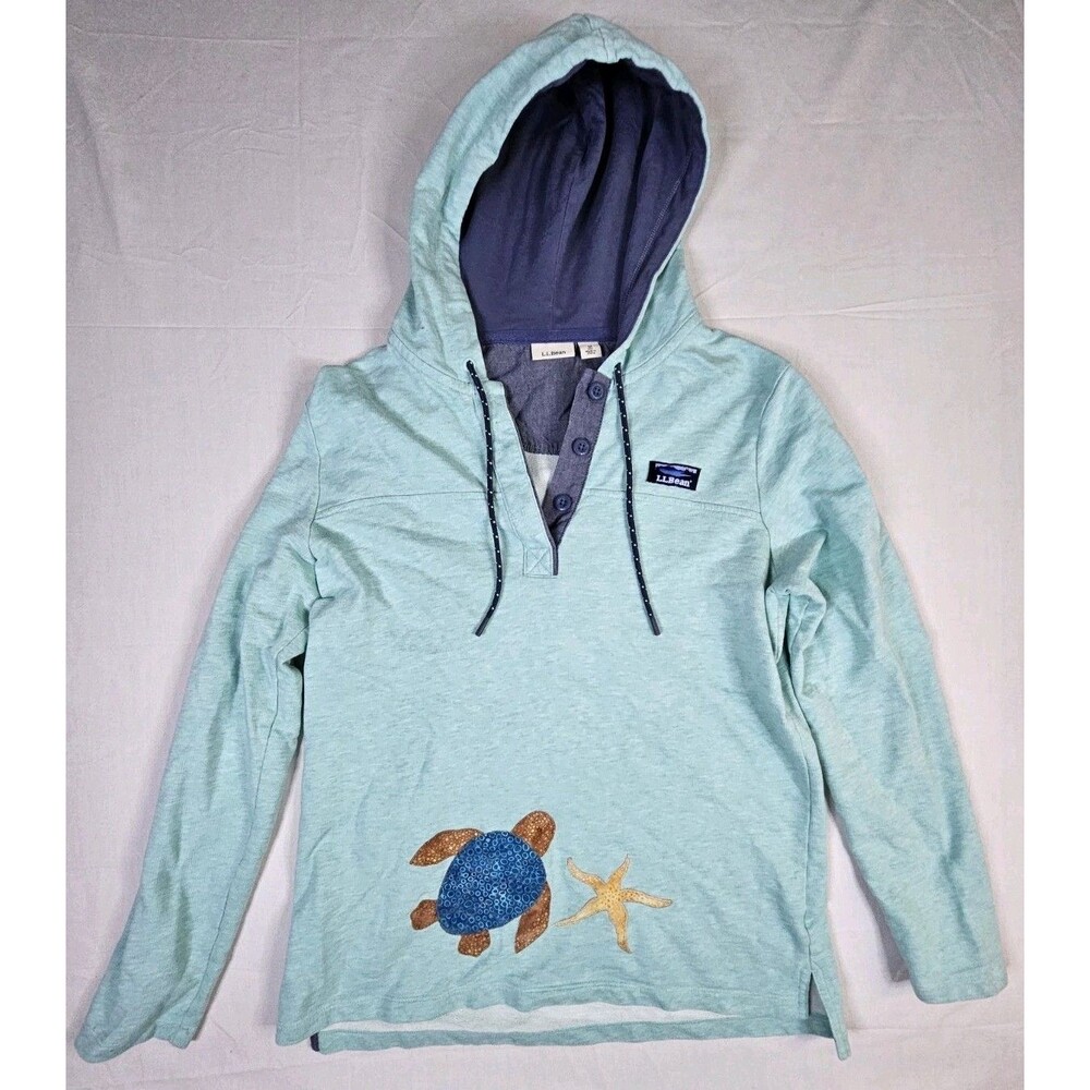 LL Bean Rugby Hoodie Women Medium Green Sea Turtle StarfishPullover Sweatshirt